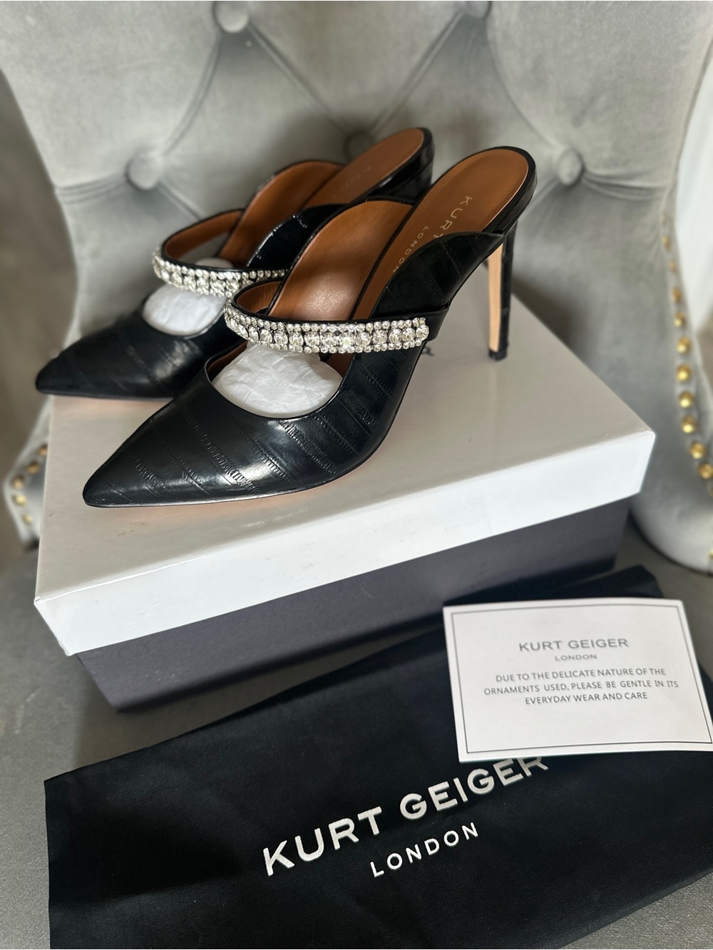 Kurt Geiger Black Croc-Embossed Pointed Mule with Crystal Strap size 38 NWB